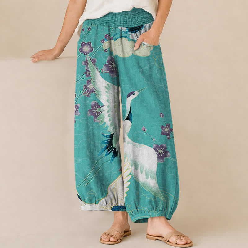 Buddha Stones Cotton Oriental Crane Blossom Pattern Pleated Elastic Waist Women's Harem Pants With Pockets - Turquoise - US16，UK/AU20，EU48 (3XL) - image 10