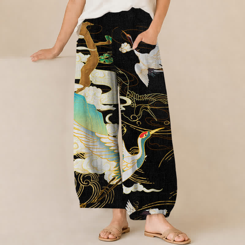 Buddha Stones Cotton Oriental Flying Crane Clouds Pattern Pleated Elastic Waist Women's Harem Pants With Pockets - Black - US16，UK/AU20，EU48 (3XL) - image 0