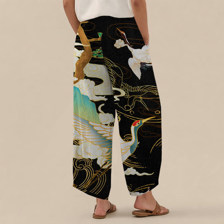 Buddha Stones Cotton Oriental Flying Crane Clouds Pattern Pleated Elastic Waist Women's Harem Pants With Pockets - image 2