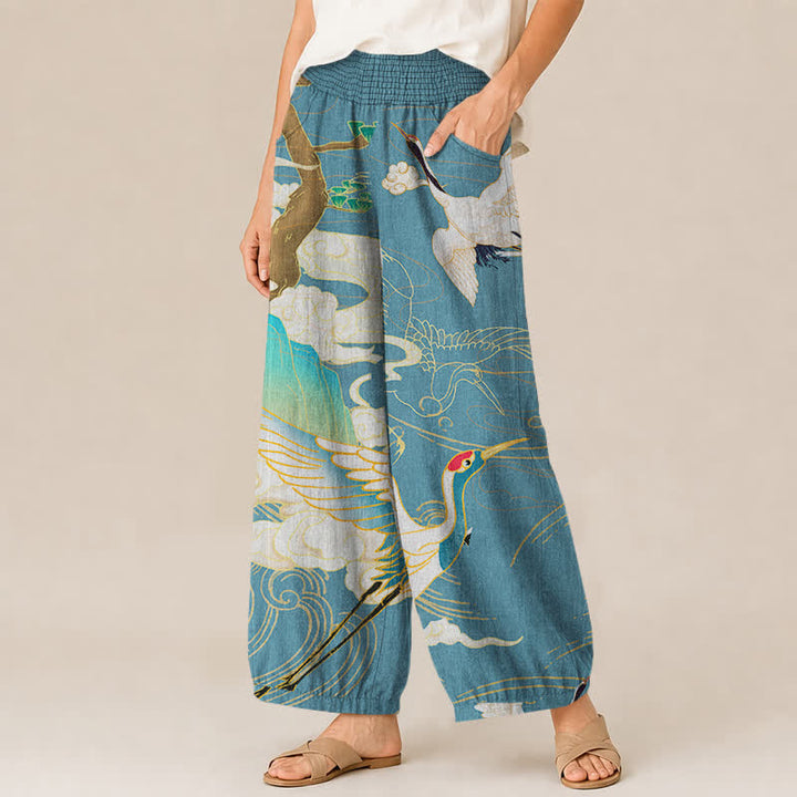 Buddha Stones Cotton Oriental Flying Crane Clouds Pattern Pleated Elastic Waist Women's Harem Pants With Pockets - image 7