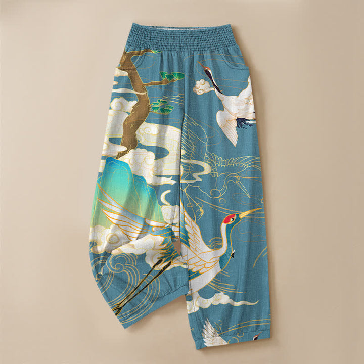 Buddha Stones Cotton Oriental Flying Crane Clouds Pattern Pleated Elastic Waist Women's Harem Pants With Pockets - image 9