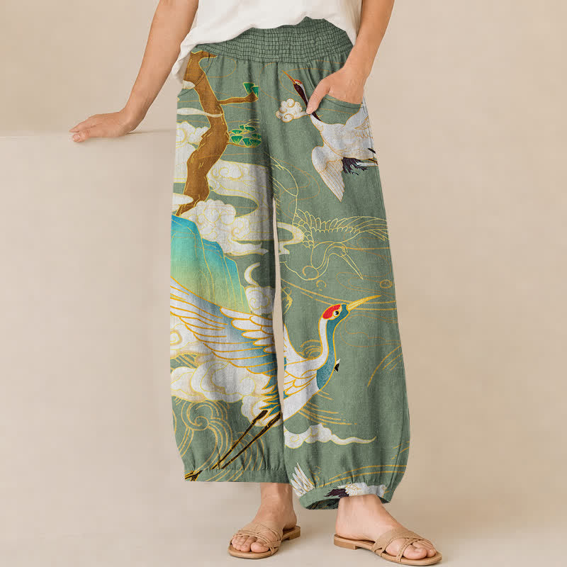 Buddha Stones Cotton Oriental Flying Crane Clouds Pattern Pleated Elastic Waist Women's Harem Pants With Pockets - DarkSeaGreen - US16，UK/AU20，EU48 (3XL) - image 10