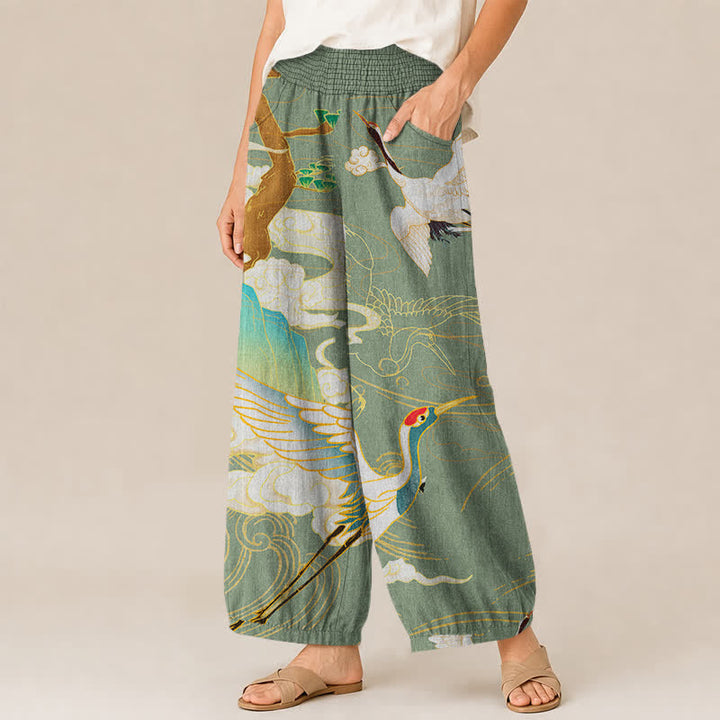 Buddha Stones Cotton Oriental Flying Crane Clouds Pattern Pleated Elastic Waist Women's Harem Pants With Pockets - image 11