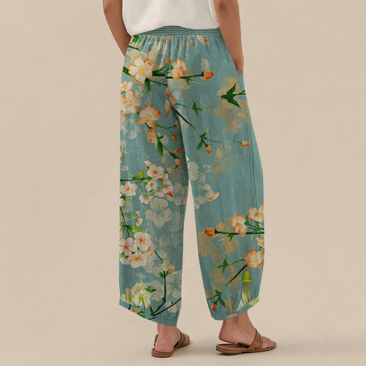 Buddha Stones Cotton Sakura Blossom Pattern Pleated Elastic Waist Women's Harem Pants With Pockets - image 2