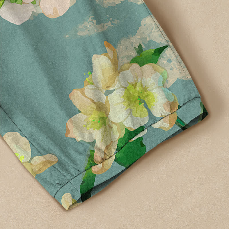 Buddha Stones Cotton Sakura Blossom Pattern Pleated Elastic Waist Women's Harem Pants With Pockets - image 5