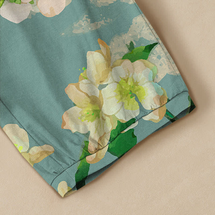 Buddha Stones Cotton Sakura Blossom Pattern Pleated Elastic Waist Women's Harem Pants With Pockets - image 5