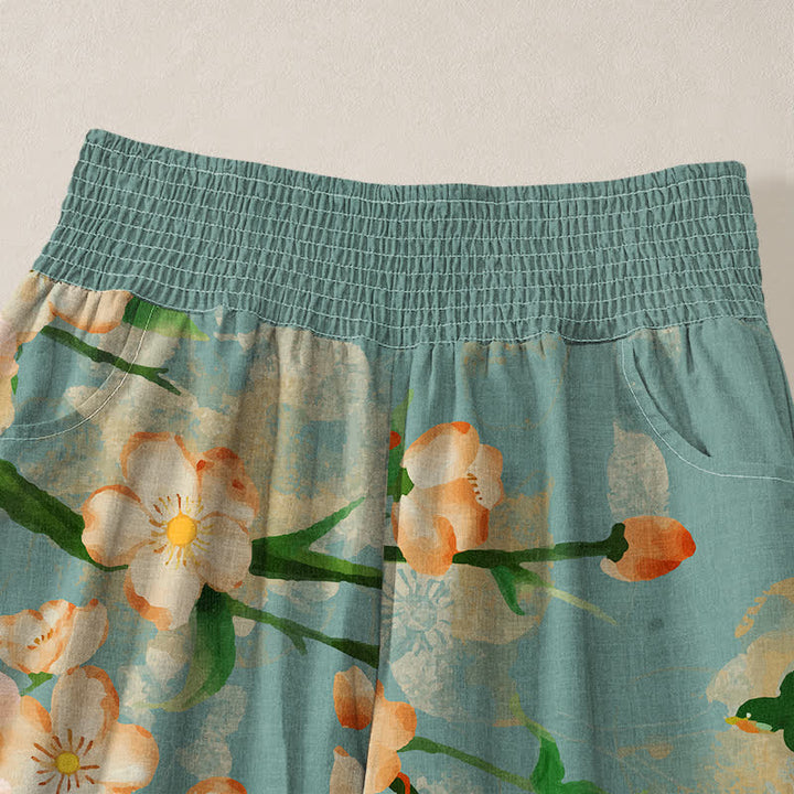 Buddha Stones Cotton Sakura Blossom Pattern Pleated Elastic Waist Women's Harem Pants With Pockets - image 4