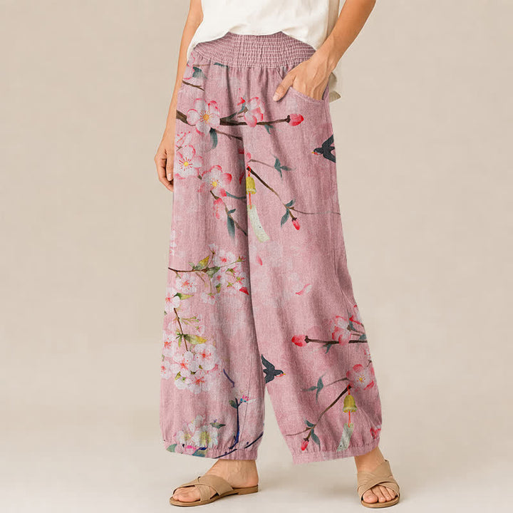 Buddha Stones Cotton Sakura Blossom Pattern Pleated Elastic Waist Women's Harem Pants With Pockets - image 7