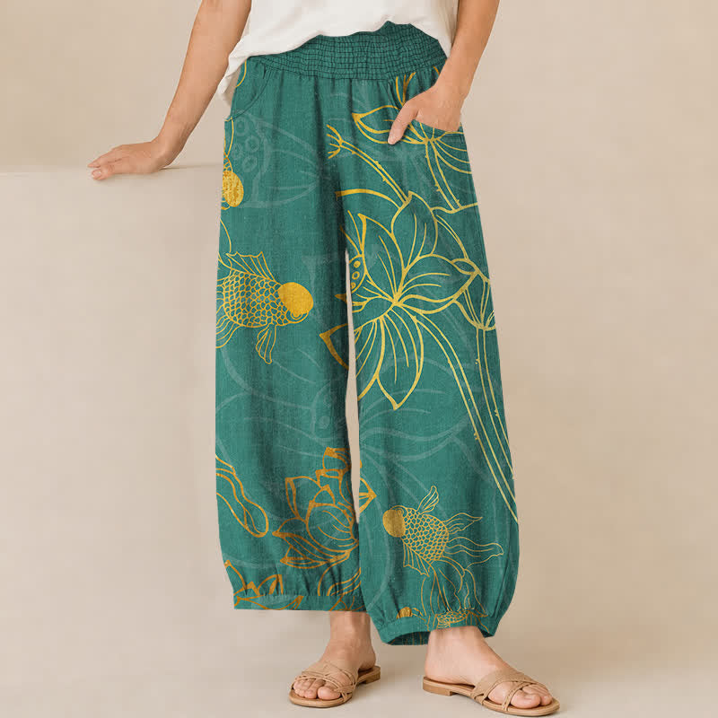 Buddha Stones Cotton Golden Lotus Koi Fish Pattern Pleated Elastic Waist Women's Harem Pants With Pockets - Teal - US16，UK/AU20，EU48 (3XL) - image 0