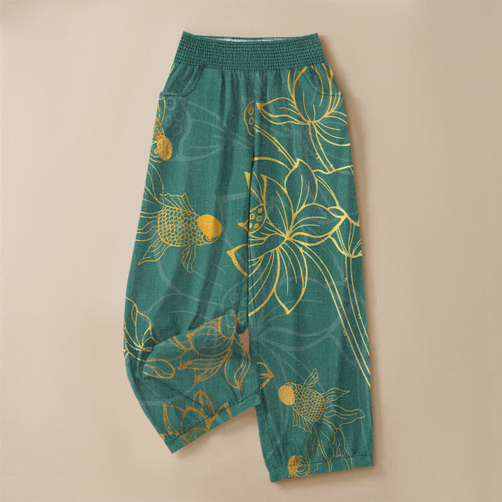 Buddha Stones Cotton Golden Lotus Koi Fish Pattern Pleated Elastic Waist Women's Harem Pants With Pockets - image 3