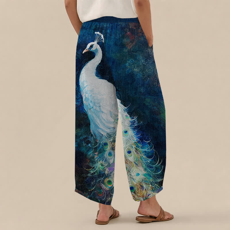Buddha Stones Cotton White Peacock Feather Pattern Pleated Elastic Waist Women's Harem Pants With Pockets - image 2