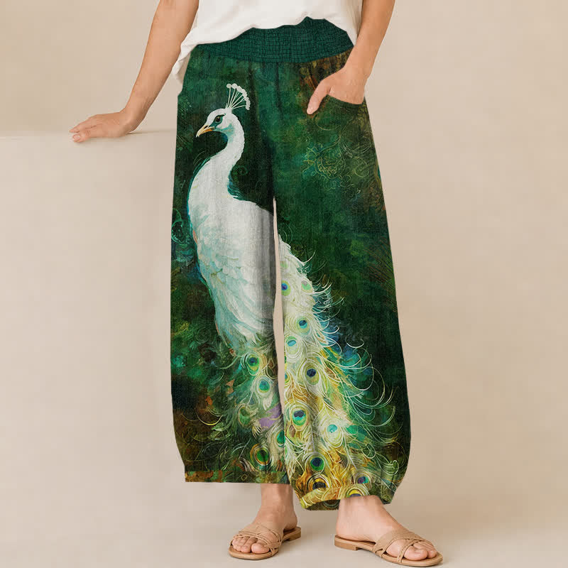 Buddha Stones Cotton White Peacock Feather Pattern Pleated Elastic Waist Women's Harem Pants With Pockets - DarkGreen - US16，UK/AU20，EU48 (3XL) - image 10