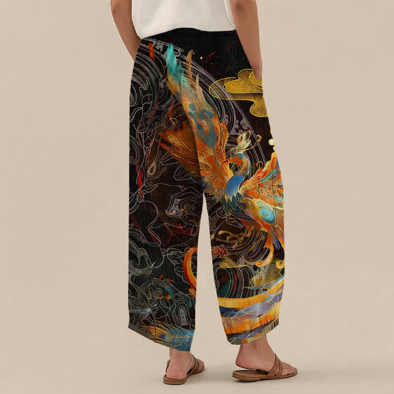 Buddha Stones Cotton Oriental Phoenix Feather Pattern Pleated Elastic Waist Women's Harem Pants With Pockets - image 2