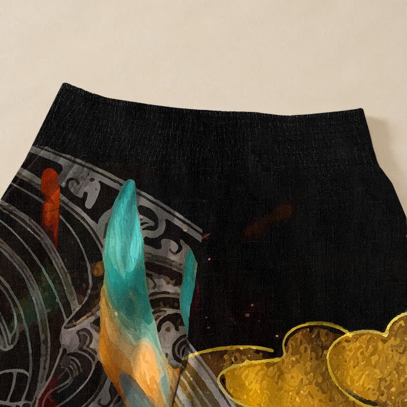 Buddha Stones Cotton Oriental Phoenix Feather Pattern Pleated Elastic Waist Women's Harem Pants With Pockets - image 4