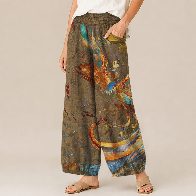 Buddha Stones Cotton Oriental Phoenix Feather Pattern Pleated Elastic Waist Women's Harem Pants With Pockets - image 7