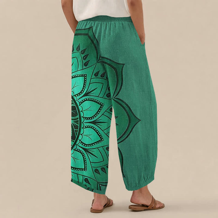 Buddha Stones Cotton Bohemian Mandala Floral Pattern Pleated Elastic Waist Women's Harem Pants With Pockets - image 8