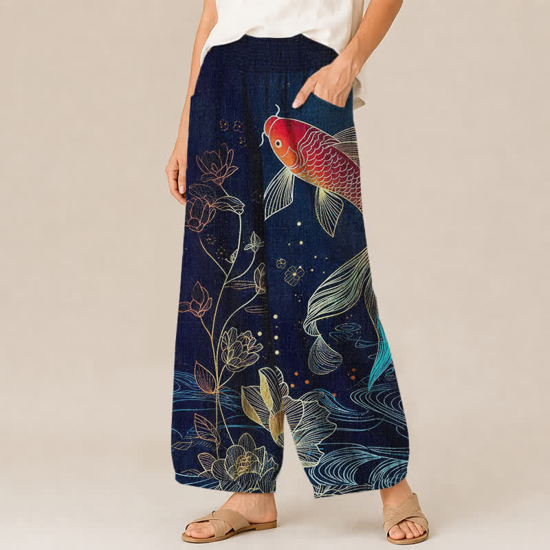 Buddha Stones Cotton Red Koi Fish Lotus Ripple Pattern Pleated Elastic Waist Women's Harem Pants With Pockets - image 1
