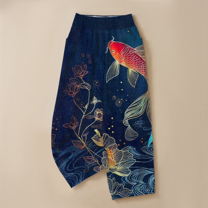 Buddha Stones Cotton Red Koi Fish Lotus Ripple Pattern Pleated Elastic Waist Women's Harem Pants With Pockets - image 3