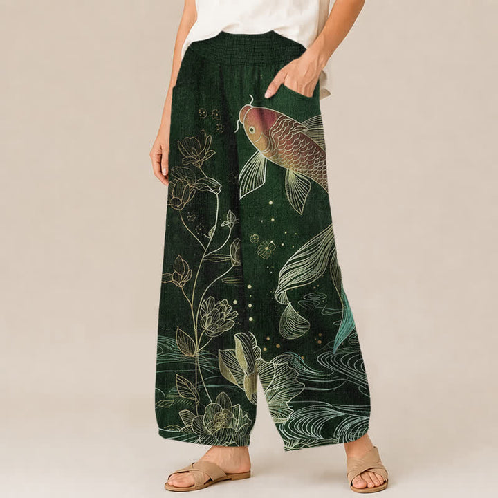 Buddha Stones Cotton Red Koi Fish Lotus Ripple Pattern Pleated Elastic Waist Women's Harem Pants With Pockets - image 7
