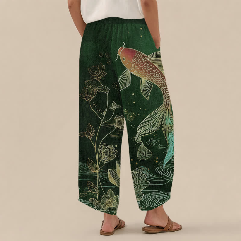 Buddha Stones Cotton Red Koi Fish Lotus Ripple Pattern Pleated Elastic Waist Women's Harem Pants With Pockets - image 8