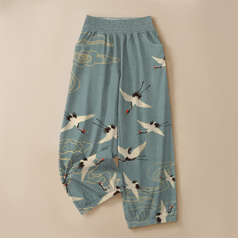 Buddha Stones Cotton Oriental White Crane Clouds Pattern Pleated Elastic Waist Women's Harem Pants With Pockets - image 3