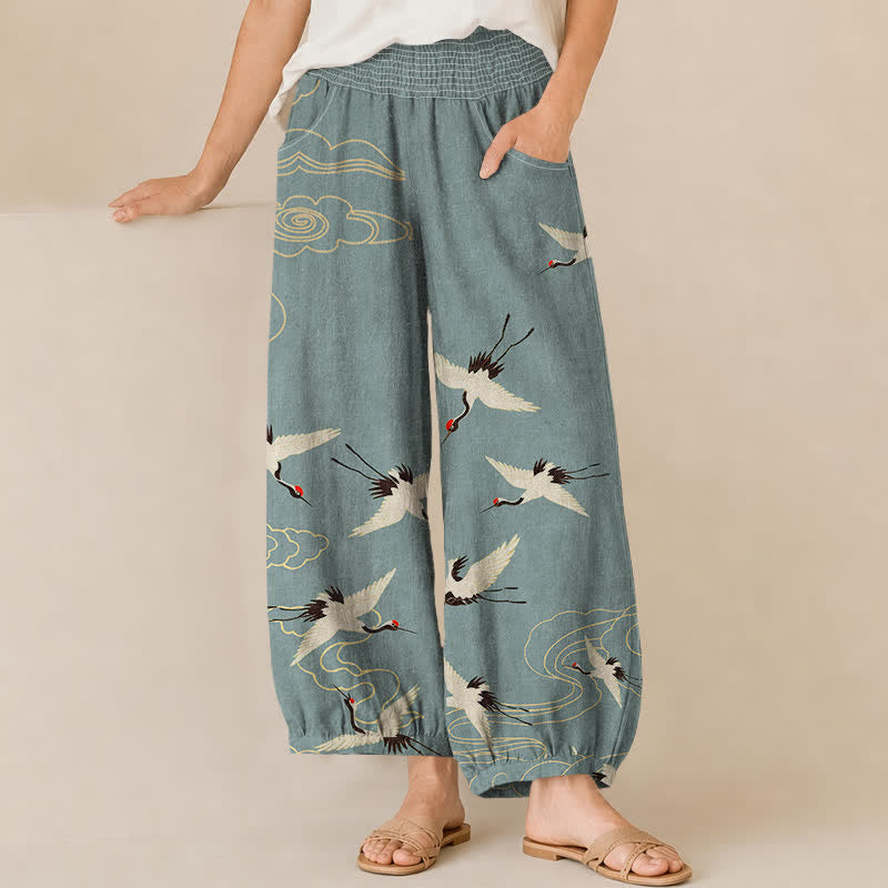 Buddha Stones Cotton Oriental White Crane Clouds Pattern Pleated Elastic Waist Women's Harem Pants With Pockets - CadetBlue - US16，UK/AU20，EU48 (3XL) - image 0