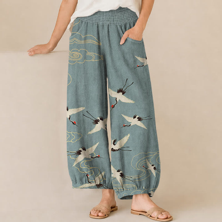 Buddha Stones Cotton Oriental White Crane Clouds Pattern Pleated Elastic Waist Women's Harem Pants With Pockets - CadetBlue - US16，UK/AU20，EU48 (3XL) - image 0