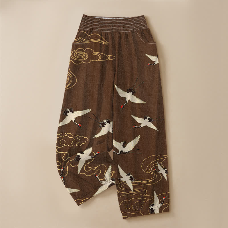 Buddha Stones Cotton Oriental White Crane Clouds Pattern Pleated Elastic Waist Women's Harem Pants With Pockets - image 9