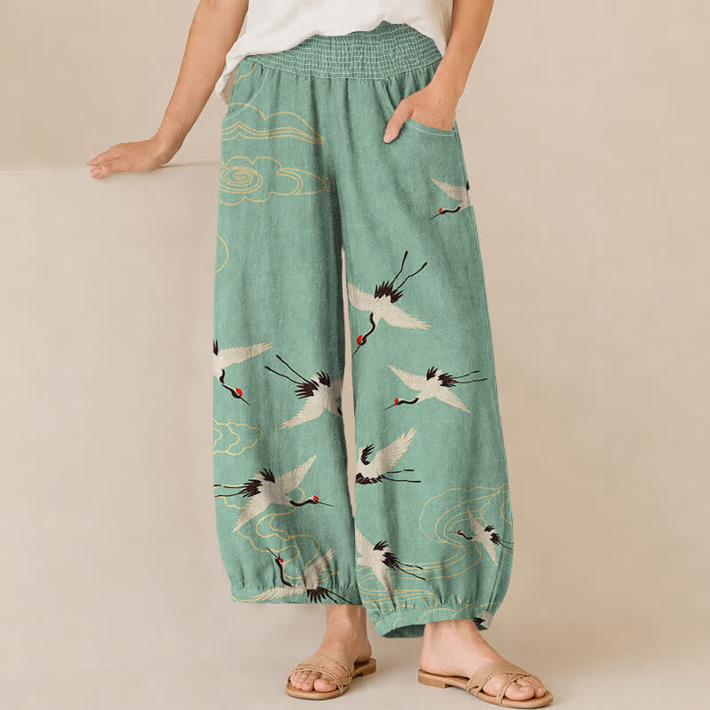 Buddha Stones Cotton Oriental White Crane Clouds Pattern Pleated Elastic Waist Women's Harem Pants With Pockets - MediumAquamarine - US16，UK/AU20，EU48 (3XL) - image 10