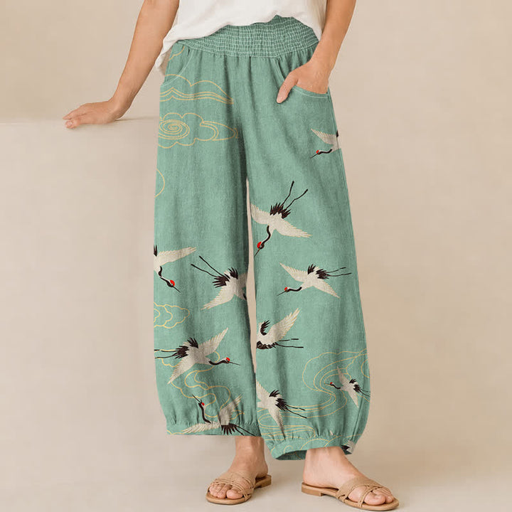 Buddha Stones Cotton Oriental White Crane Clouds Pattern Pleated Elastic Waist Women's Harem Pants With Pockets - MediumAquamarine - US16，UK/AU20，EU48 (3XL) - image 10