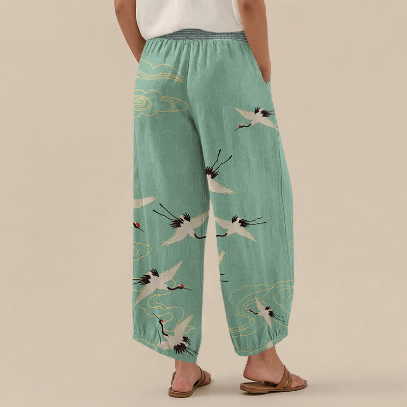 Buddha Stones Cotton Oriental White Crane Clouds Pattern Pleated Elastic Waist Women's Harem Pants With Pockets - image 12