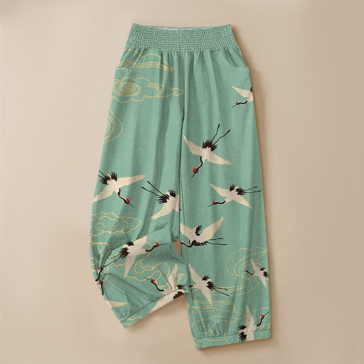Buddha Stones Cotton Oriental White Crane Clouds Pattern Pleated Elastic Waist Women's Harem Pants With Pockets - image 13