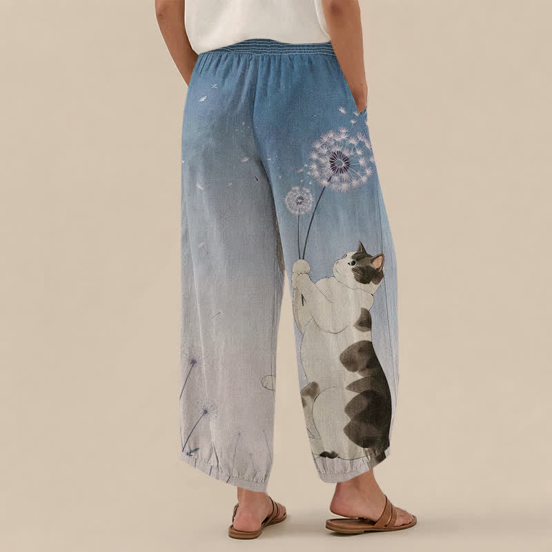 Buddha Stones Cotton Playful Cat Dandelion Pattern Pleated Elastic Waist Women's Harem Pants With Pockets - image 2
