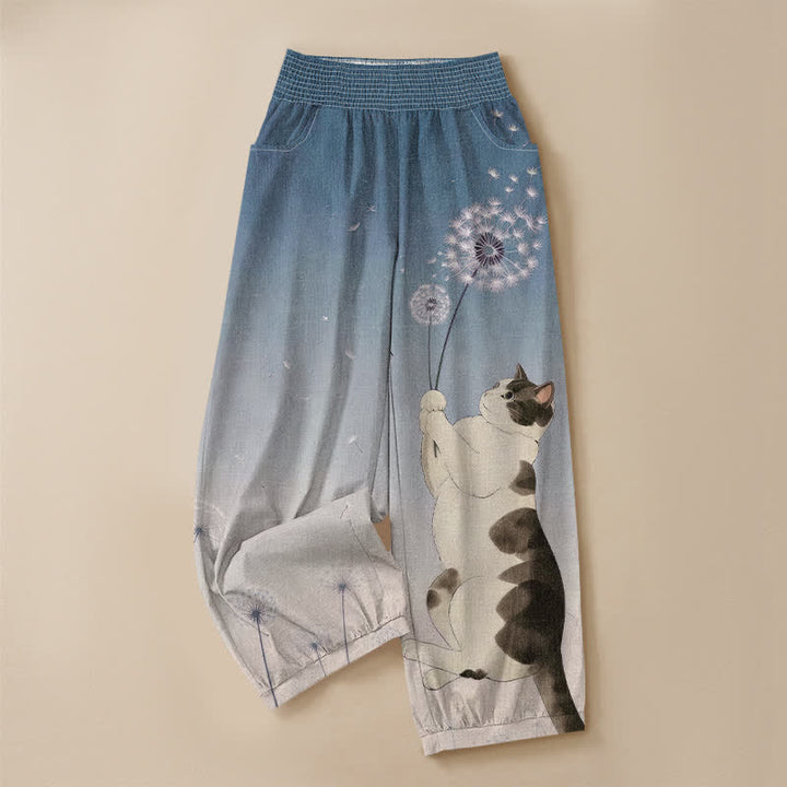 Buddha Stones Cotton Playful Cat Dandelion Pattern Pleated Elastic Waist Women's Harem Pants With Pockets - image 3