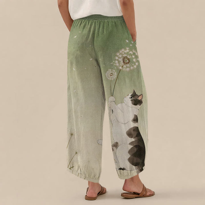 Buddha Stones Cotton Playful Cat Dandelion Pattern Pleated Elastic Waist Women's Harem Pants With Pockets - image 8
