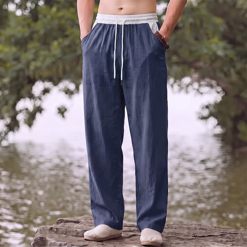 Buddha Stones Spring Summer Casual Color Block Drawstring Solid Cotton Linen Long Pants Men's Straight Leg Pants With Pockets - MidnightBlue - US/UK/AU42, EU52 (3XL) - image 0
