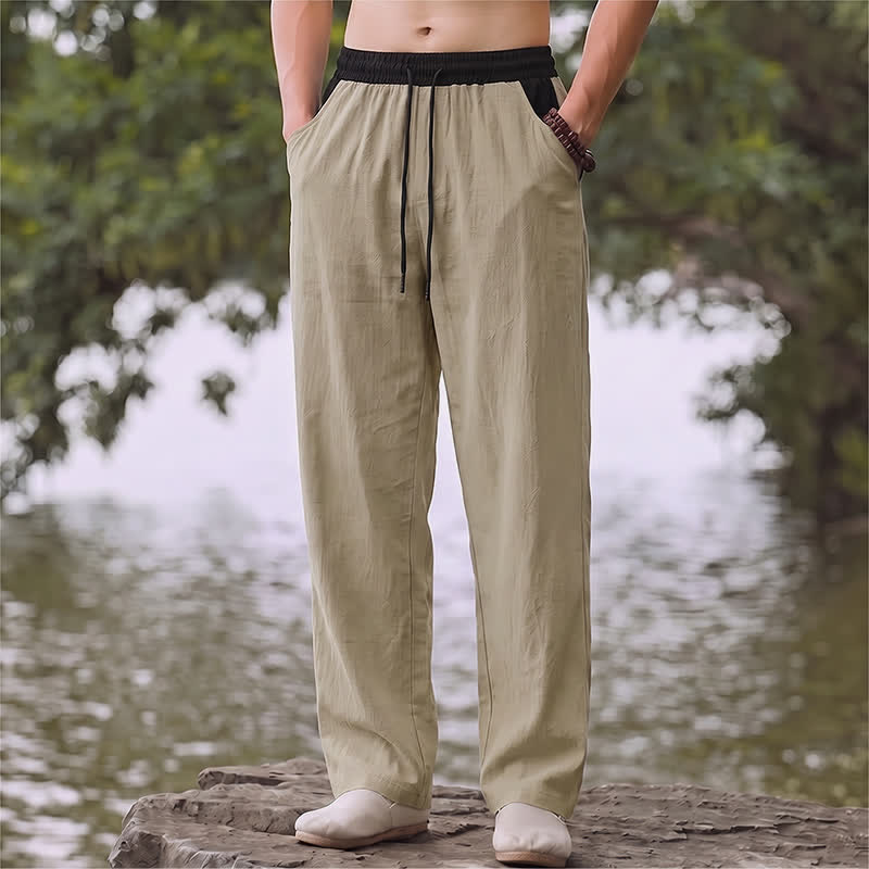 Buddha Stones Spring Summer Casual Color Block Drawstring Solid Cotton Linen Long Pants Men's Straight Leg Pants With Pockets - Tan - US/UK/AU42, EU52 (3XL) - image 20
