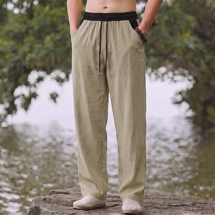 Buddha Stones Spring Summer Casual Color Block Drawstring Solid Cotton Linen Long Pants Men's Straight Leg Pants With Pockets - Tan - US/UK/AU42, EU52 (3XL) - image 20