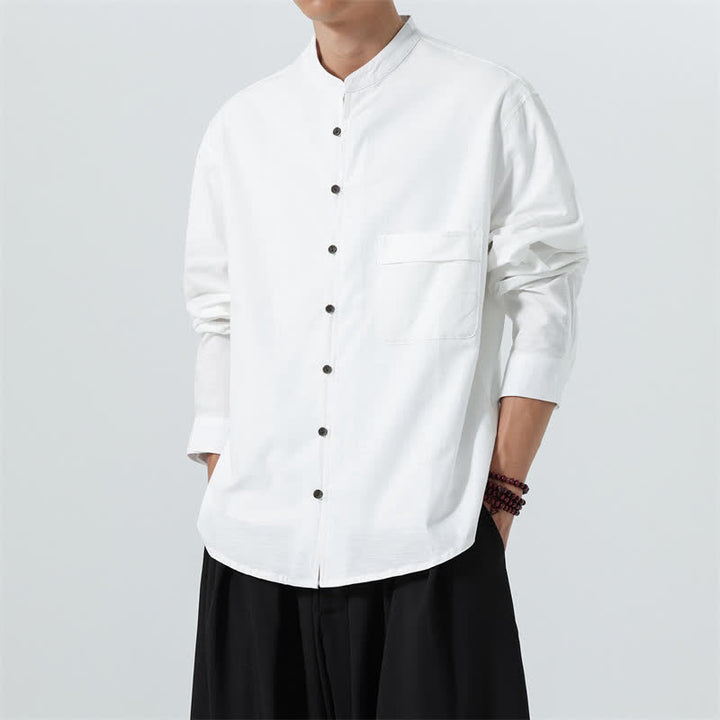 Buddha Stones Fall Casual Tang Style Mandarin Collar Solid Cotton Men's Long Sleeve Shirts - White - US/UK/AU46，EU56 (5XL) - image 33