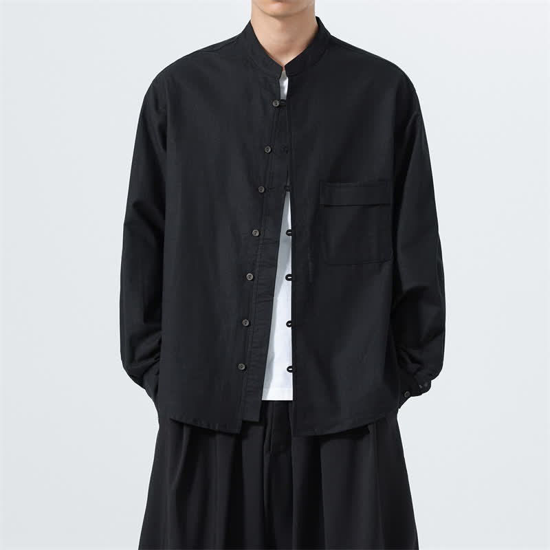 Buddha Stones Fall Casual Tang Style Mandarin Collar Solid Cotton Men's Long Sleeve Shirts - Black - US/UK/AU46，EU56 (5XL) - image 9