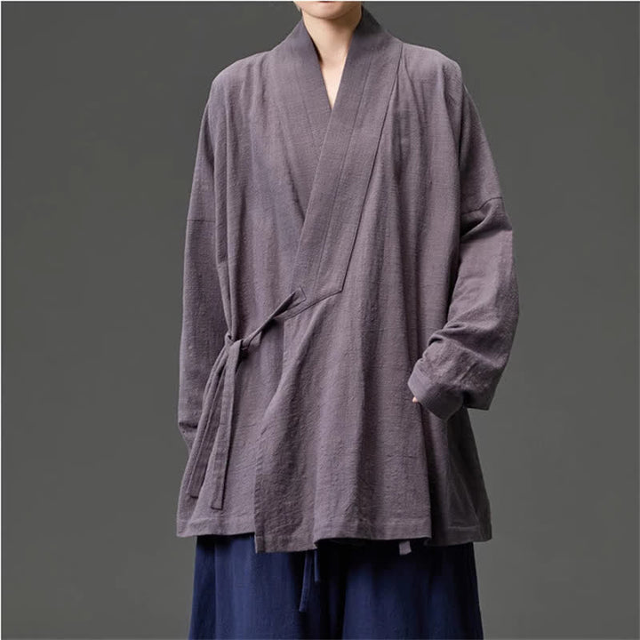 Buddha Stones Fall Winter Tang Style Minimalist Drawstring Solid Cotton Men's Kimono With Pockets - SlateGray - US/UK/AU46，EU56 (5XL) - image 21