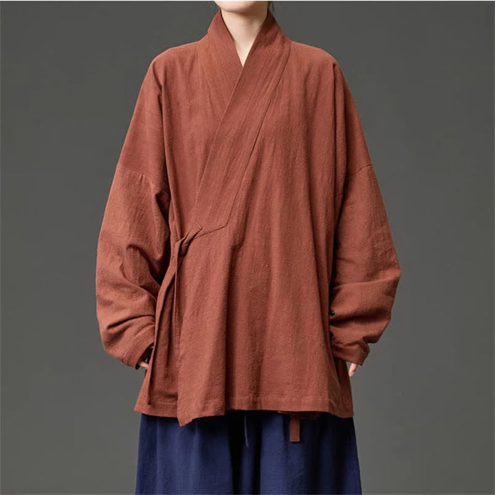 Buddha Stones Fall Winter Tang Style Minimalist Drawstring Solid Cotton Men's Kimono With Pockets - Sienna - US/UK/AU46，EU56 (5XL) - image 0