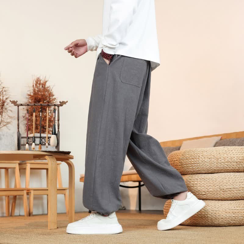 Buddha Stones Fall Casual Minimalist Drawstring Solid Cotton Ankle Pants Men's Straight Leg Pants With Pockets - image 2