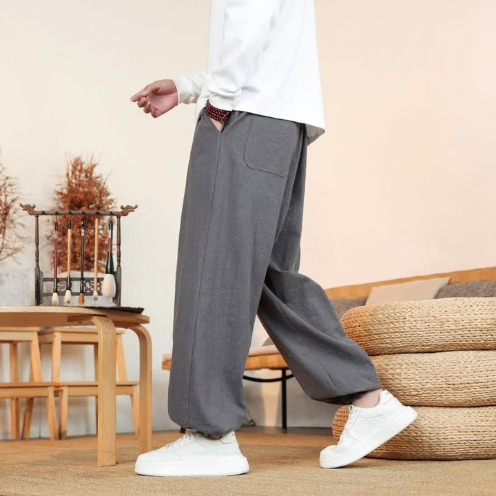 Buddha Stones Fall Casual Minimalist Drawstring Solid Cotton Ankle Pants Men's Straight Leg Pants With Pockets - image 2