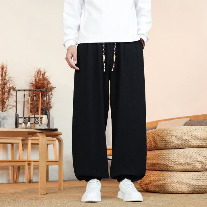 Buddha Stones Fall Casual Minimalist Drawstring Solid Cotton Ankle Pants Men's Straight Leg Pants With Pockets - image 21