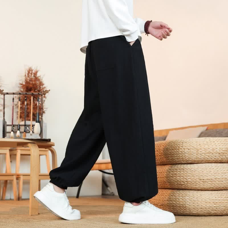 Buddha Stones Fall Casual Minimalist Drawstring Solid Cotton Ankle Pants Men's Straight Leg Pants With Pockets - image 19