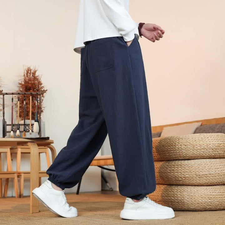 Buddha Stones Fall Casual Minimalist Drawstring Solid Cotton Ankle Pants Men's Straight Leg Pants With Pockets - image 29