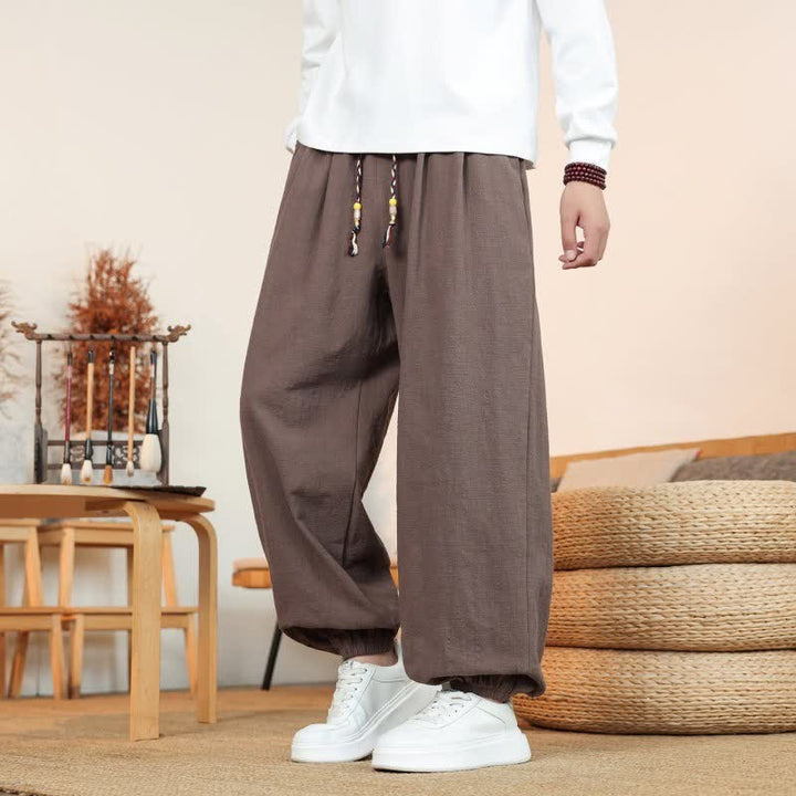 Buddha Stones Fall Casual Minimalist Drawstring Solid Cotton Ankle Pants Men's Straight Leg Pants With Pockets - image 44