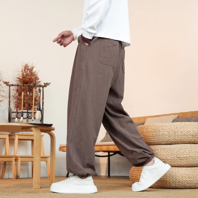 Buddha Stones Fall Casual Minimalist Drawstring Solid Cotton Ankle Pants Men's Straight Leg Pants With Pockets - image 40
