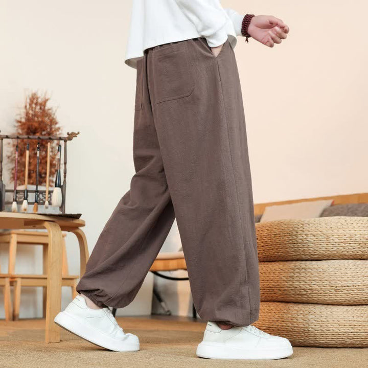Buddha Stones Fall Casual Minimalist Drawstring Solid Cotton Ankle Pants Men's Straight Leg Pants With Pockets - image 38